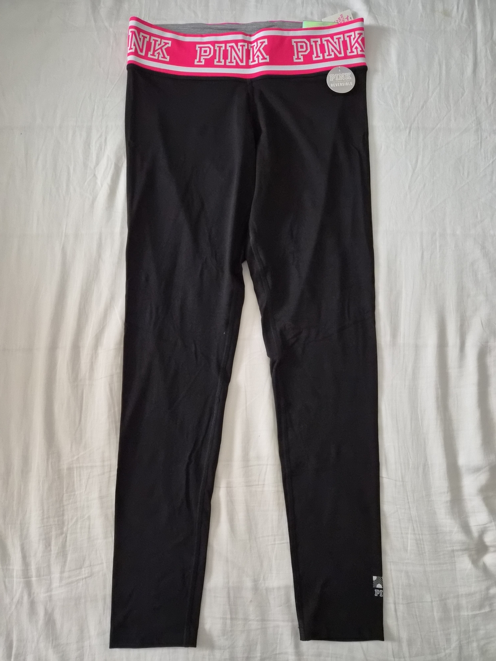 PINK Victoria's Secret Black Leggings with Hot Pink Logo Waistband Reversable